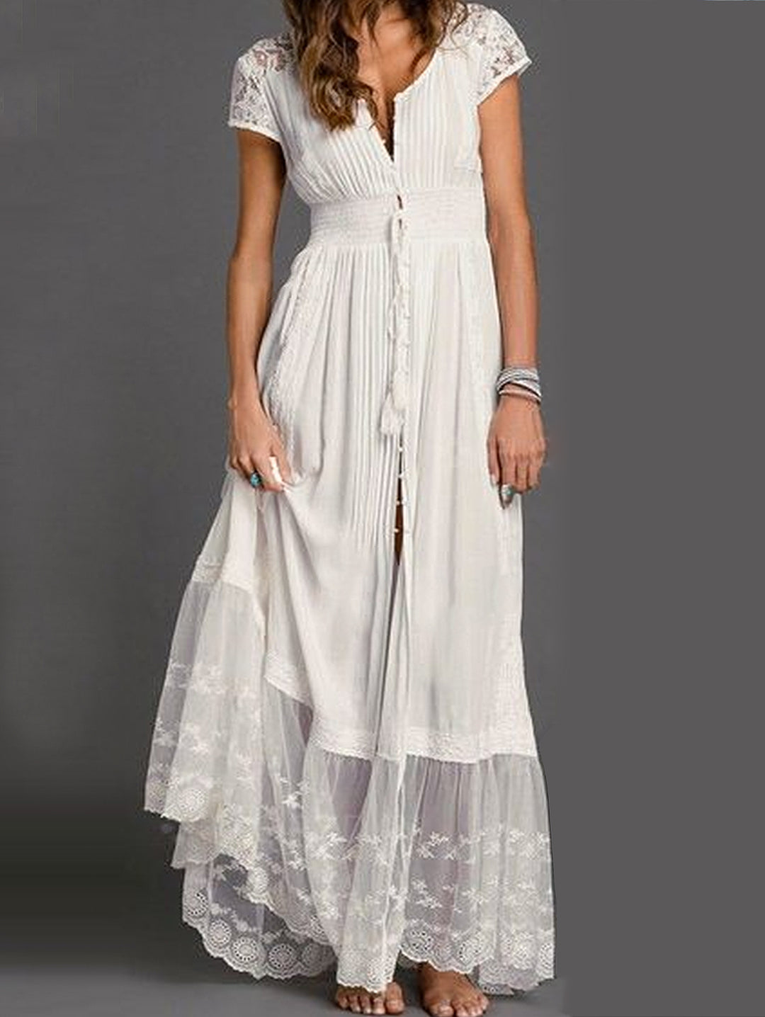 Lace Splicing Fringe Pleated Maxi Dress Short Sleeve - Omychic