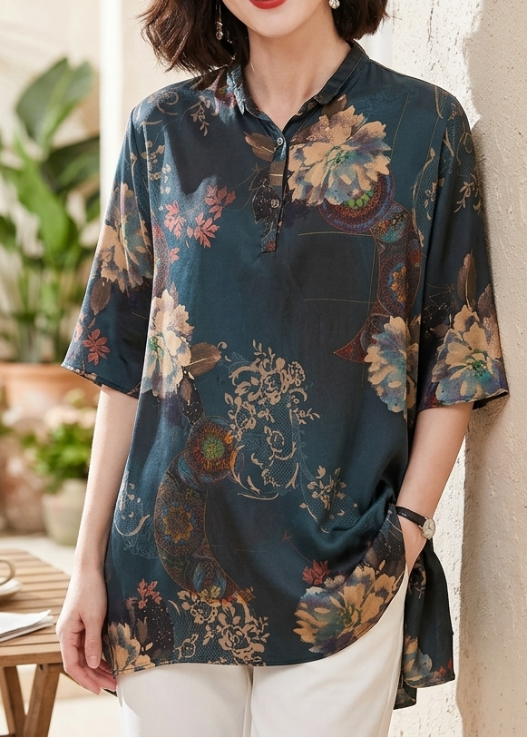 Italian Dark Blue Peter Pan Collar Button Asymmetrical Print Silk Tops