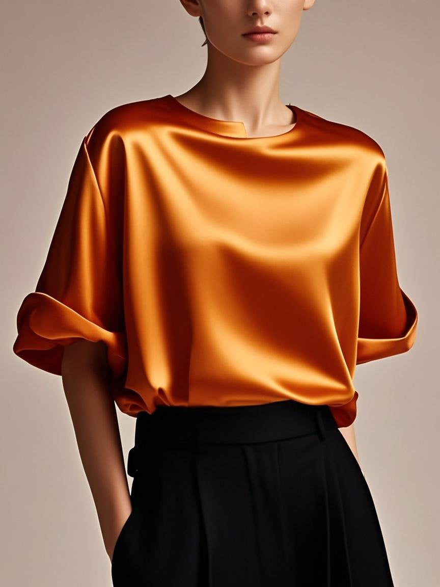 Fitted Red Patchwork Silk Tops Summer
