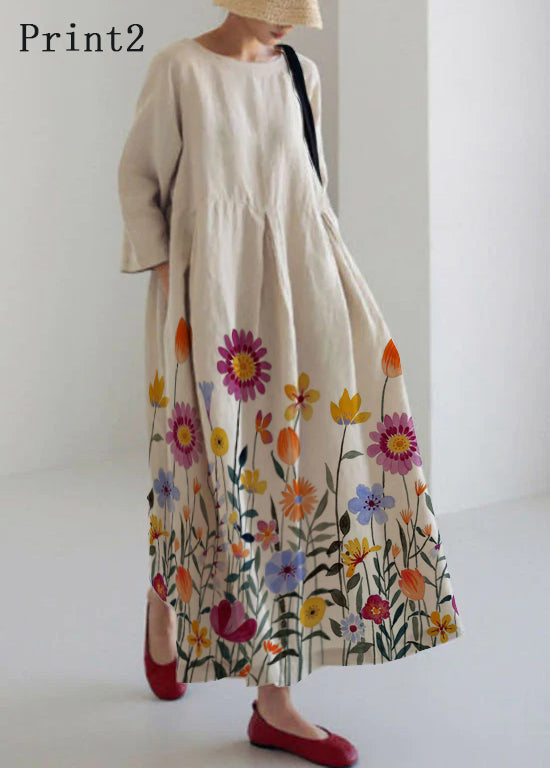 Flower Print Cotton Dresses Pockets Patchwork Spring