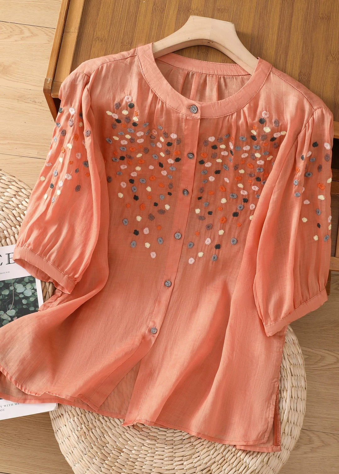 New Purple O Neck Embroidered Side Open Linen Blouse Spring