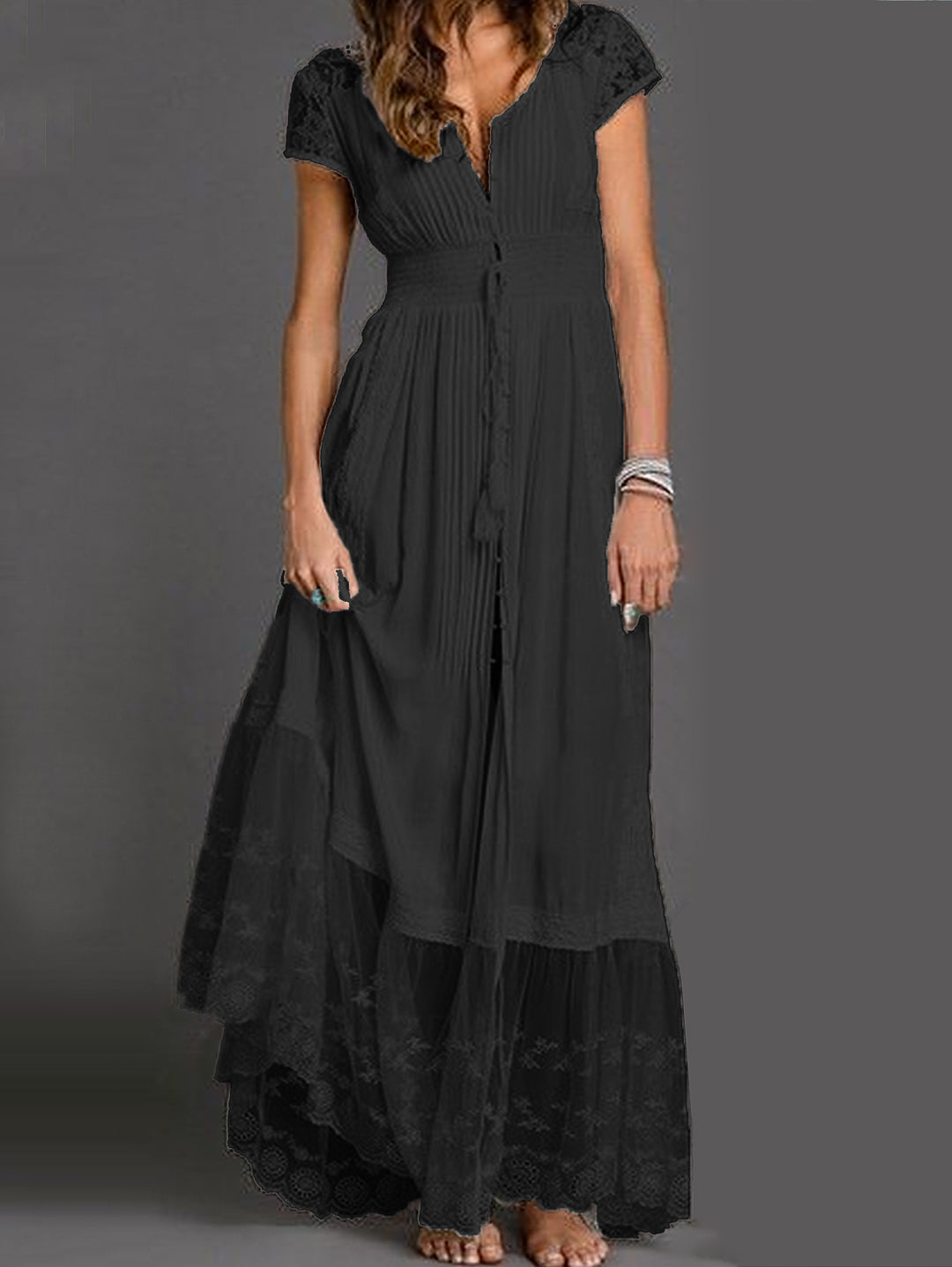 Lace Splicing Fringe Pleated Maxi Dress Short Sleeve - Omychic