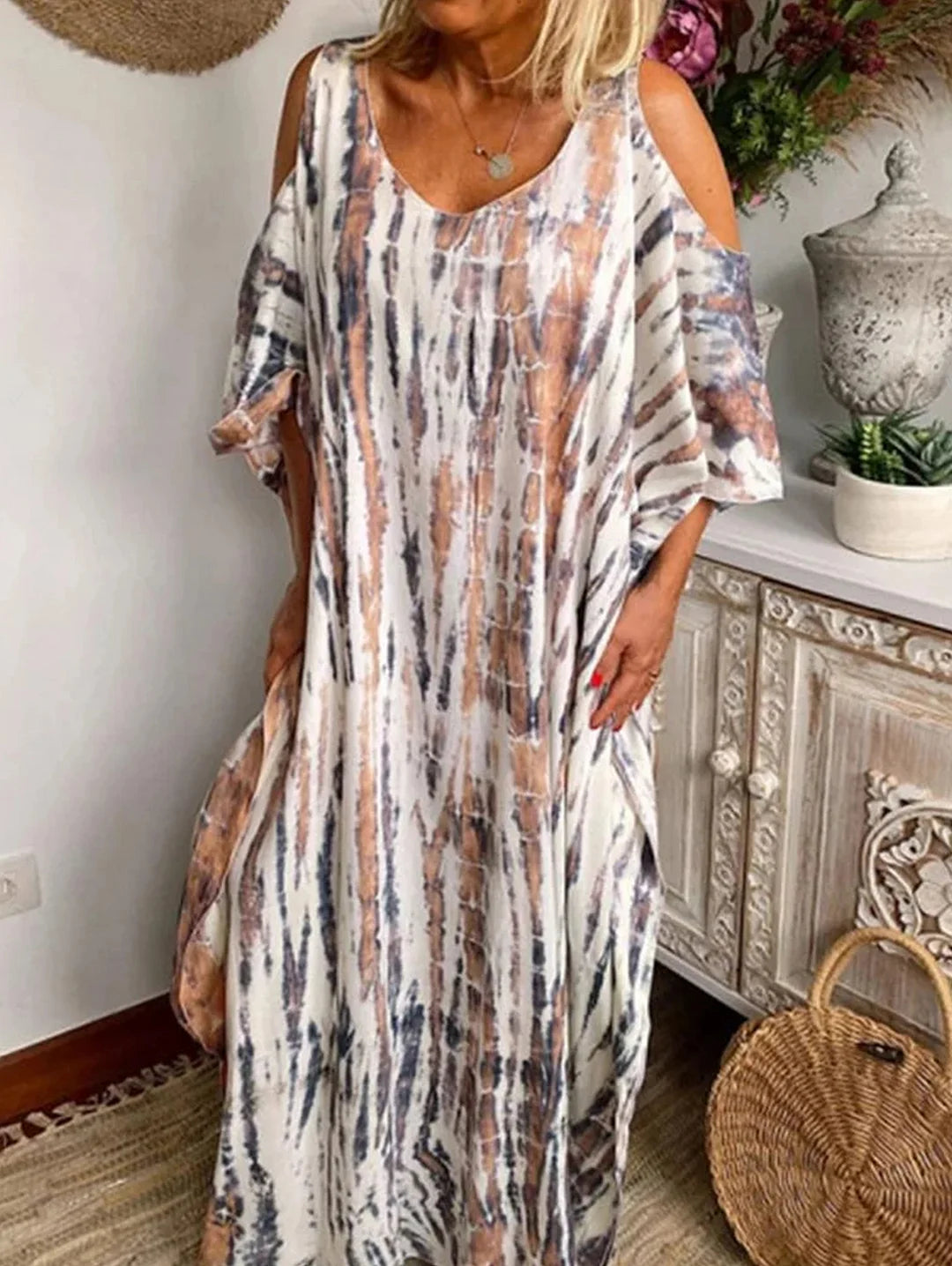 Casual Tie Dye Sleeve Loose Maxi Dress Short Sleeve