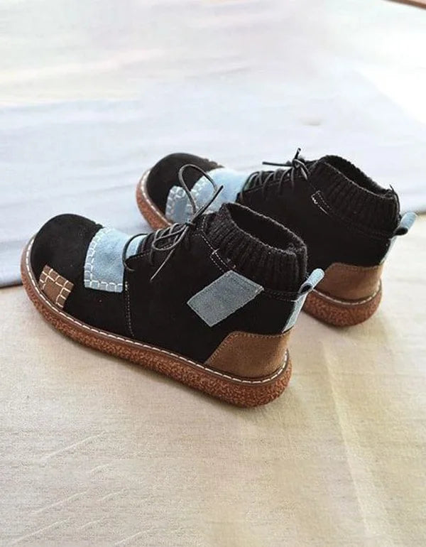 Khaki Stitching Handmade Retro Ankle Boots