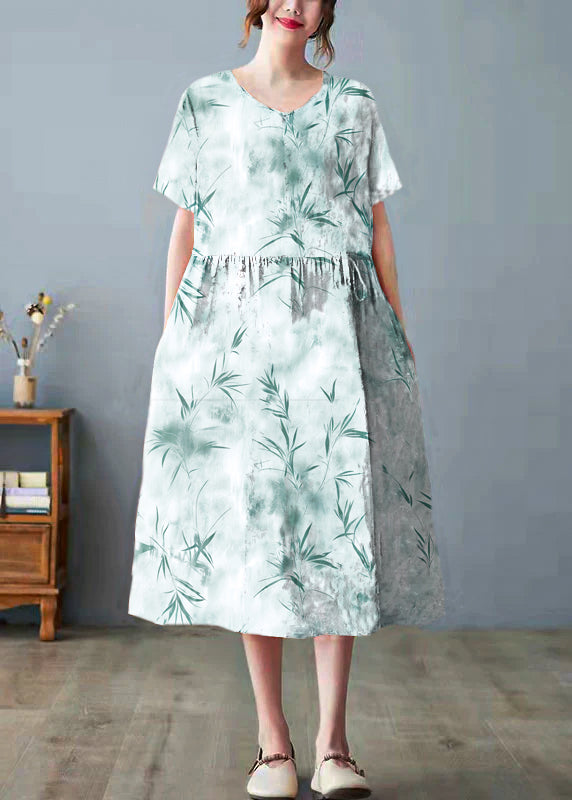 Beautiful gray geometry print bamboo Pockets Print O Neck Dress