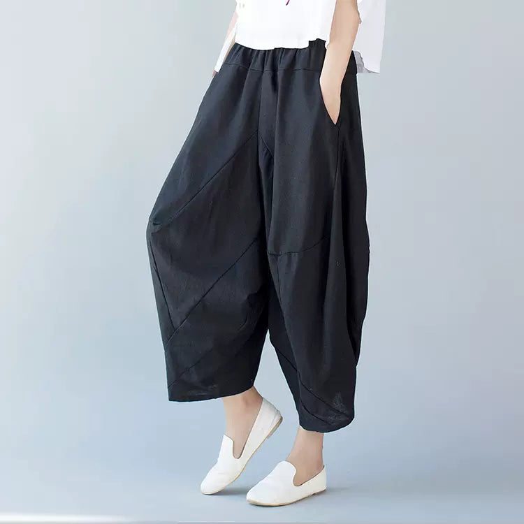 Women Casual Black Cotton Wide Leg Pants