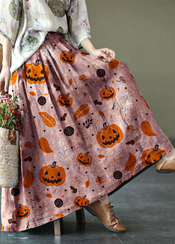 Women Brown-tree Print Ramie Elastic Waist Skirt