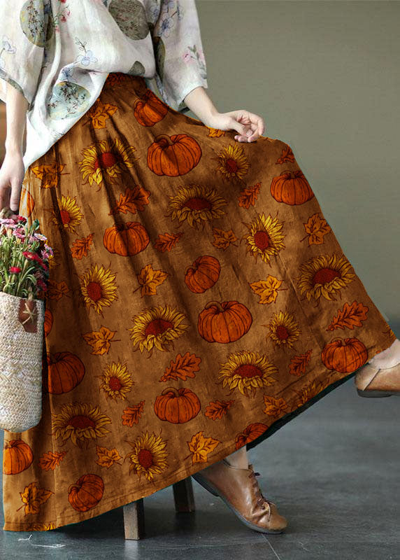 Women Brown-tree Print Ramie Elastic Waist Skirt