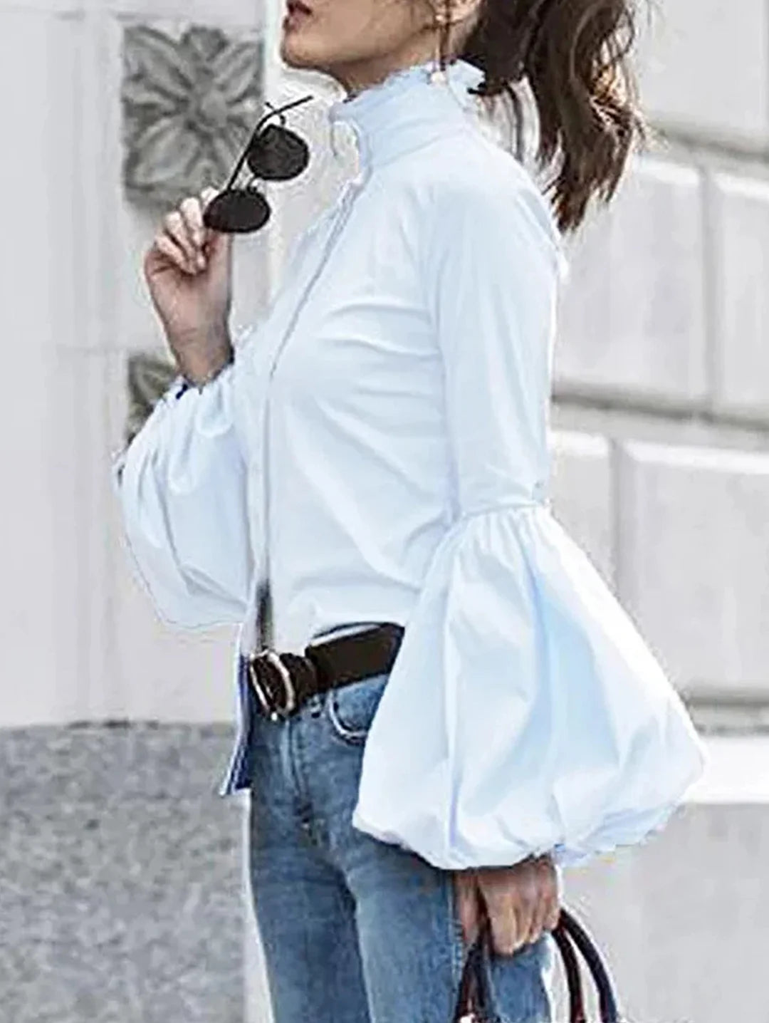 Casual Plain Stand Collar Button Blouse Lantern Sleeve