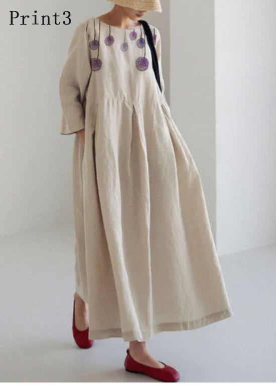 Apricot-Print1 Cotton Dresses Pockets Patchwork Fall