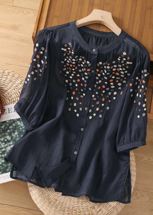 New Purple O Neck Embroidered Side Open Linen Blouse Spring