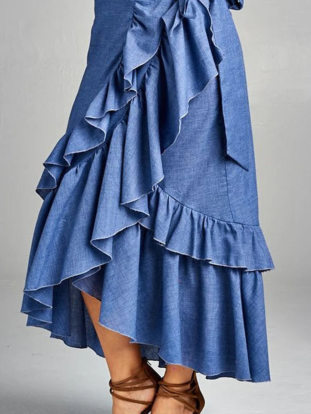 Elegant Plain High Waist Lace-Up Asymmetrical Ruffle Midi Skirt
