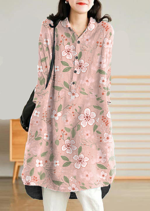 Jade Blue-flower Linen Women Casual Linen Shirt Dress