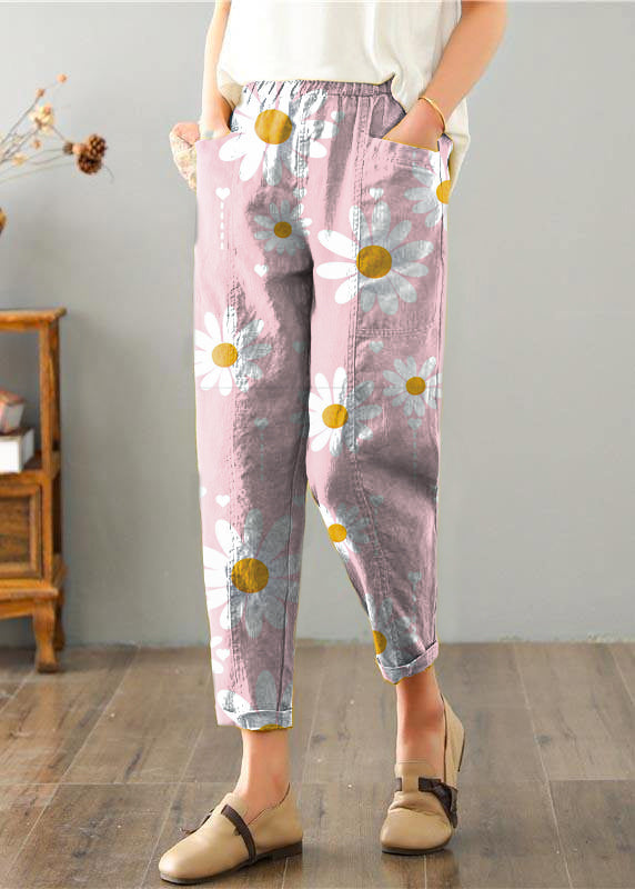 Natural pink flowers Pockets Cotton Linen  Pants Summer