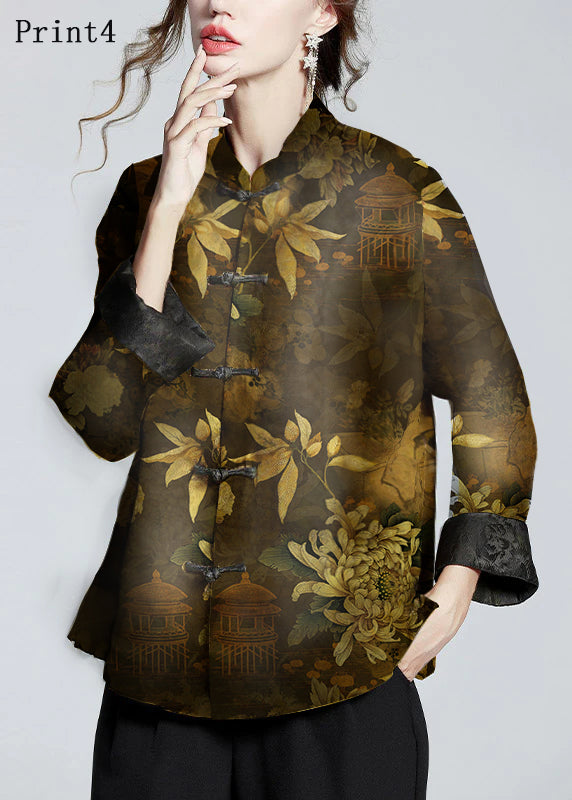 Chinese Style Print5 Stand Collar Button Print Silk Coats Long Sleeve
