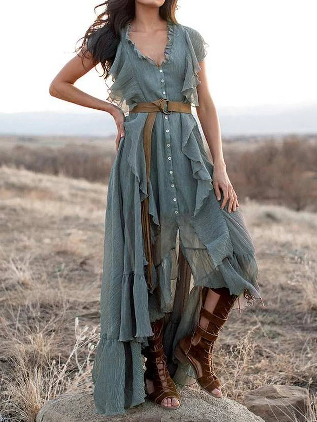 Grey Blue V Neck Button Up Ruffle Maxi Dress