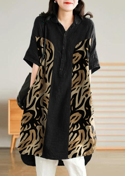 Jade  black leopard print Linen Women Casual Linen Shirt Dress