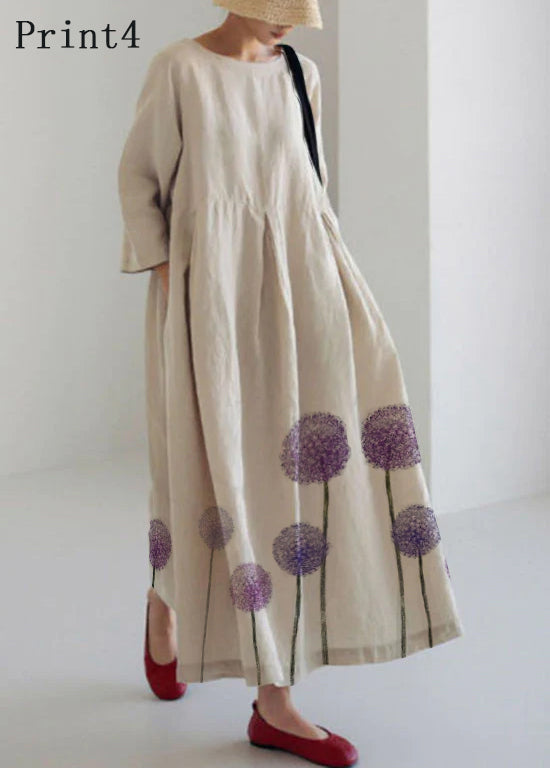 Apricot-Print1 Cotton Dresses Pockets Patchwork Fall