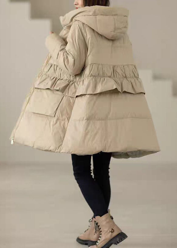 Women khaki Zippered Patchwork Pockets Hooded Parka Winter