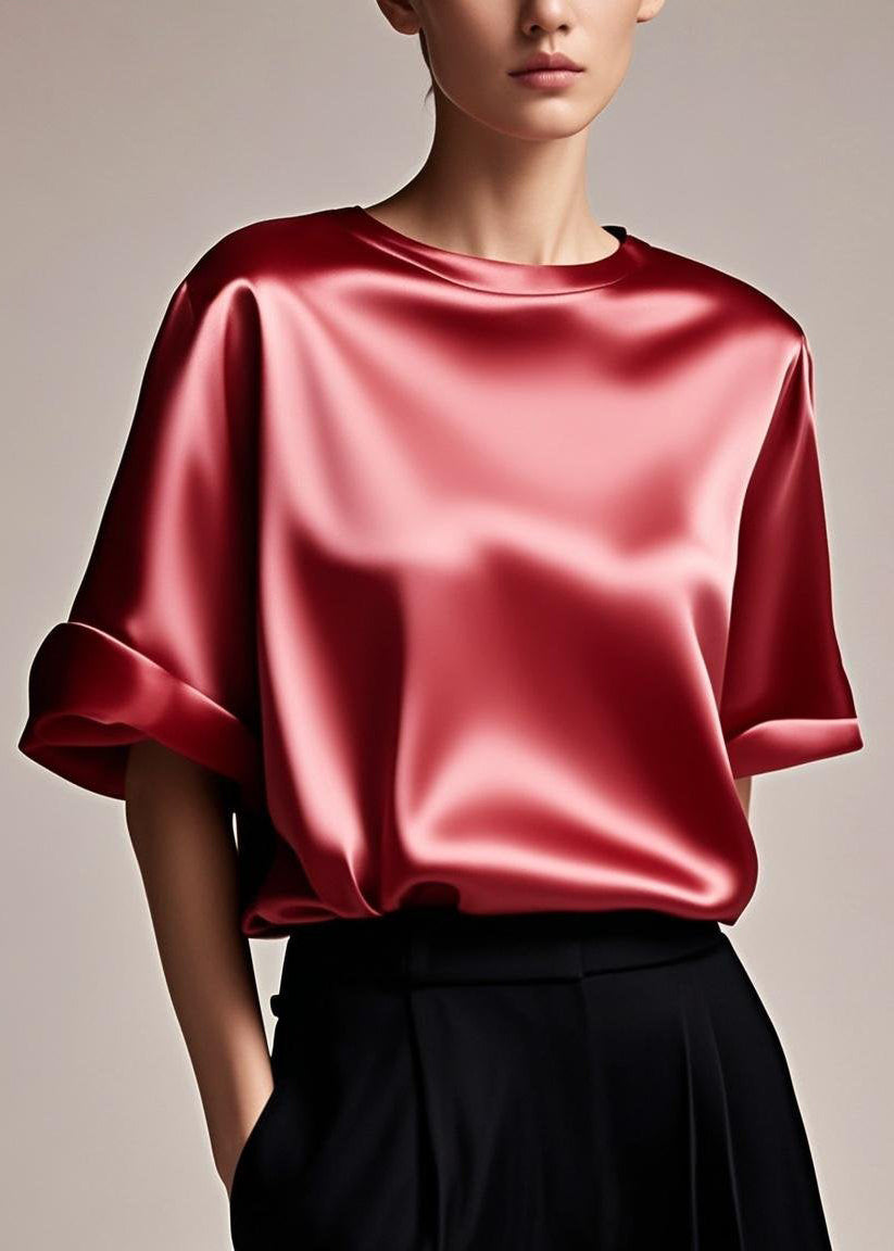 Fitted Red Patchwork Silk Tops Summer