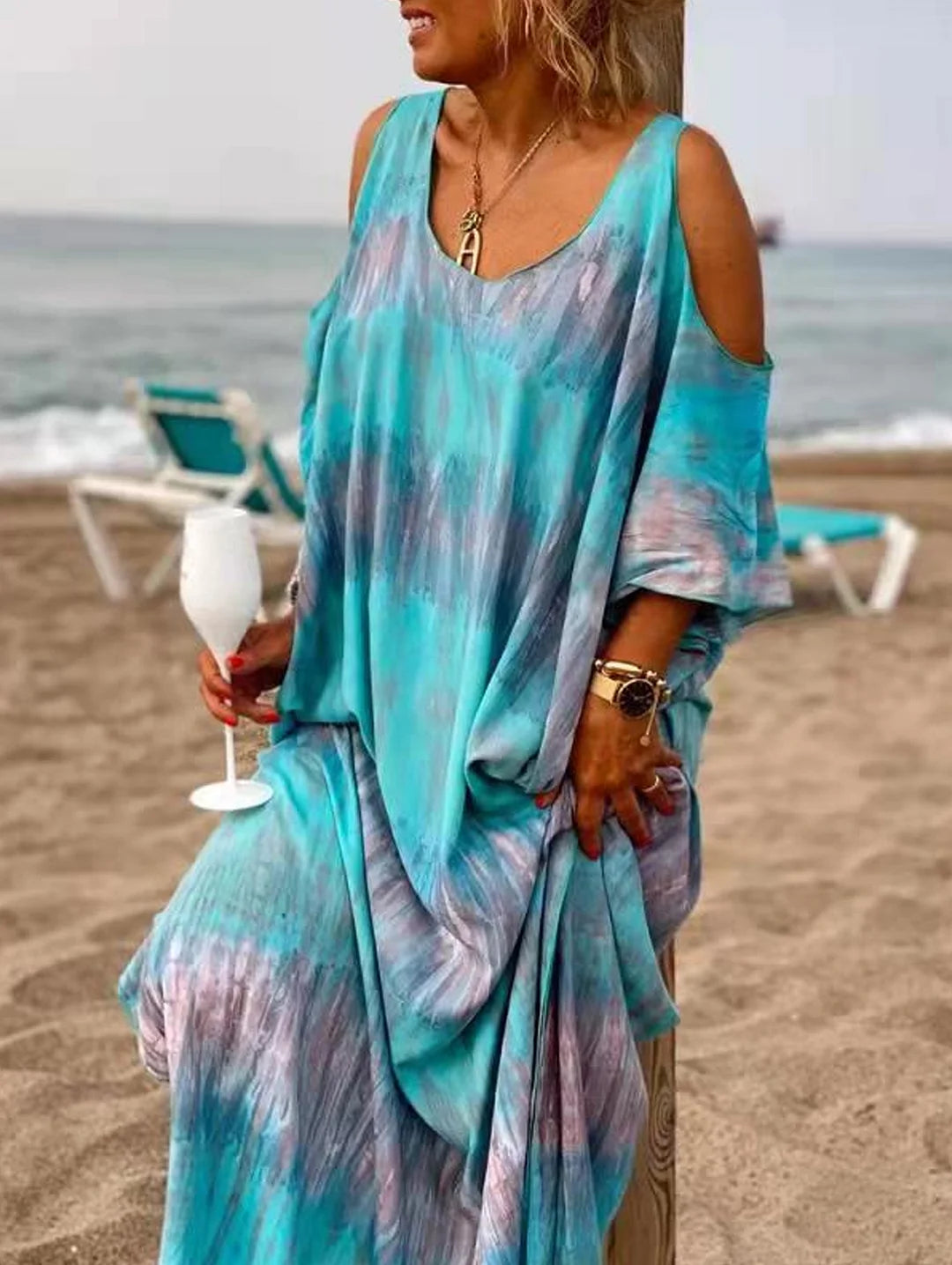 Casual Tie Dye Sleeve Loose Maxi Dress Short Sleeve