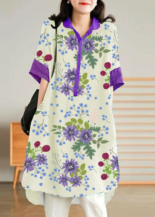 Jade Blue-flower Linen Women Casual Linen Shirt Dress