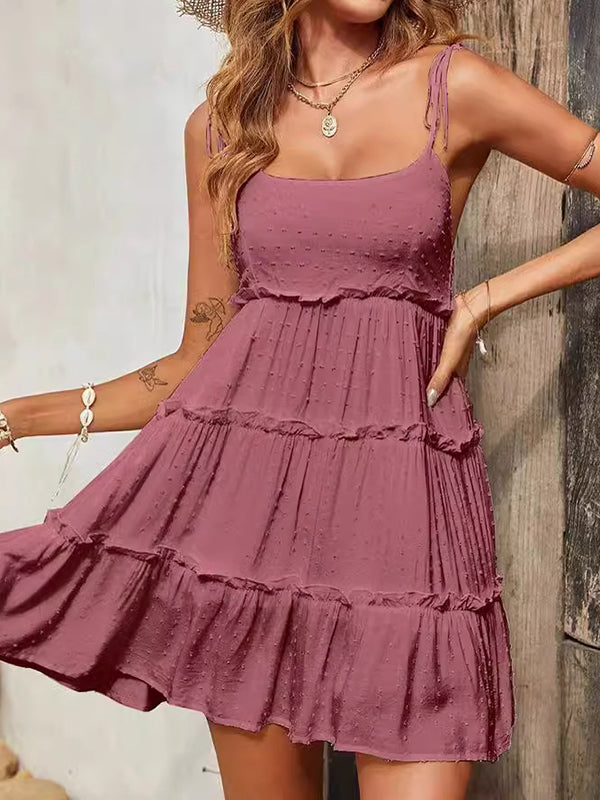 Loose Jacquard Layered Pleated Spaghetti-Neck Mini Dresses