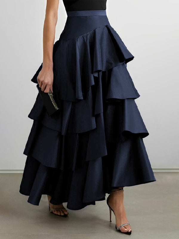 Stylish Selection A-Line High Waist Falbala Solid Color Skirts