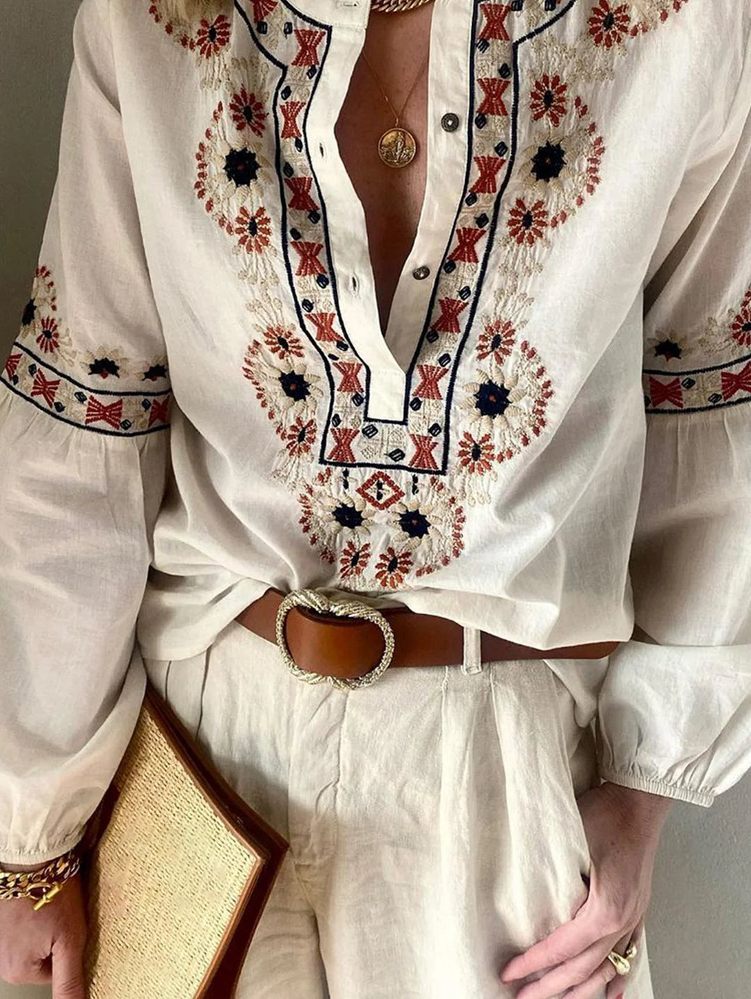 Apricot Crew Neck Buttons Embroidered Blouse Lantern Sleeve
