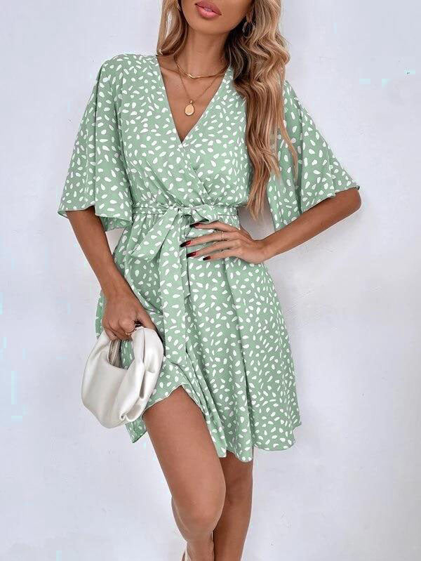 Loose Pleated Printed Ruffled Tied Waist V-Neck Mini Dresses