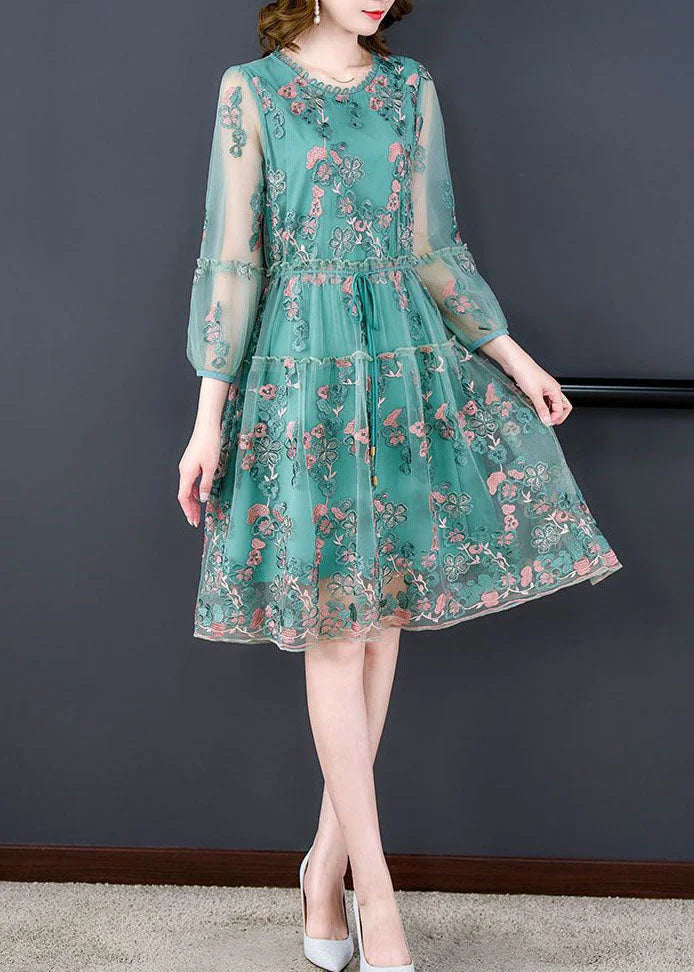 Italian Green Embroidered Tie Waist Tulle Mid Dress