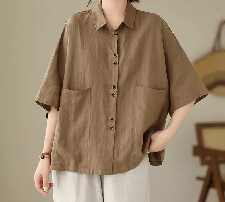 Plus Size Retro Cotton Casual Shirts Short Sleeve