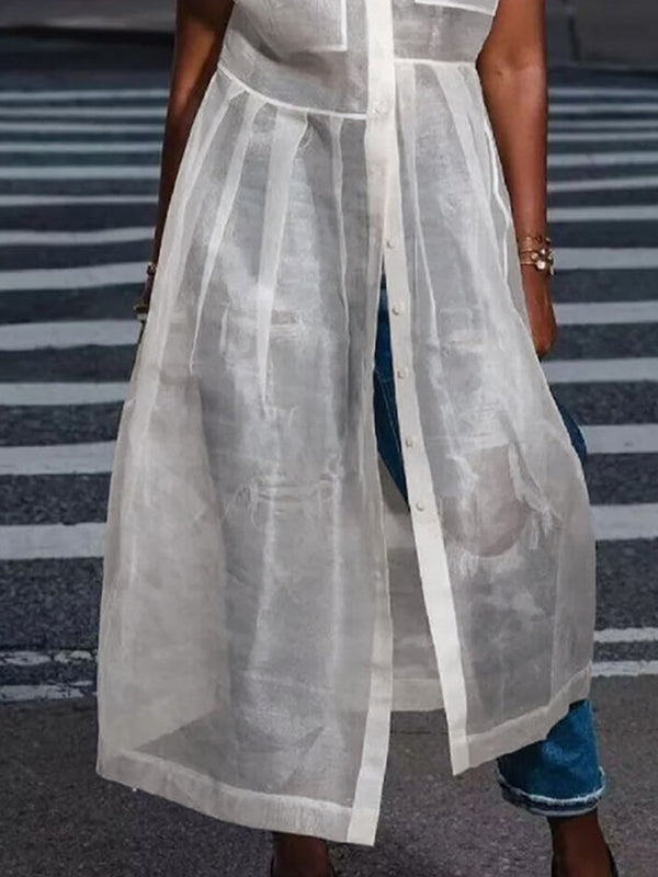 Loose Buttoned Pockets See-Through Split-Joint Transparent Lapel Midi Dresses