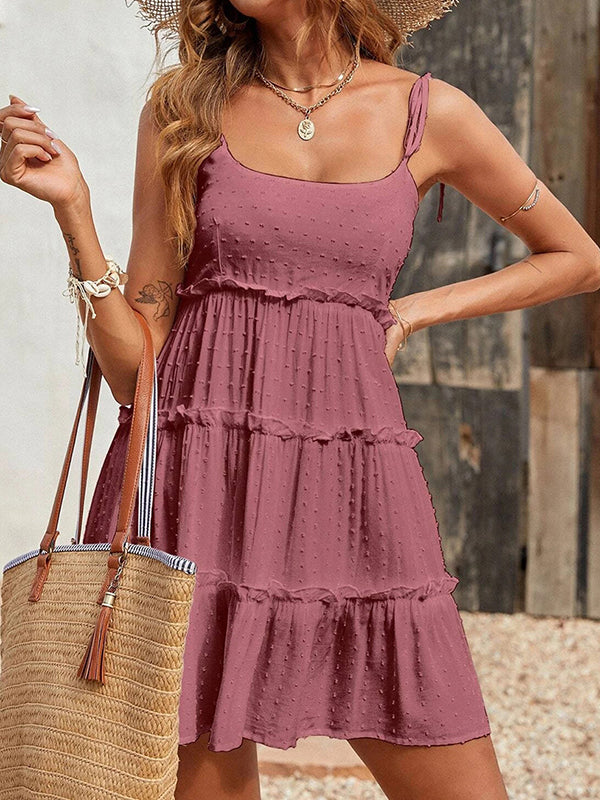 Loose Jacquard Layered Pleated Spaghetti-Neck Mini Dresses