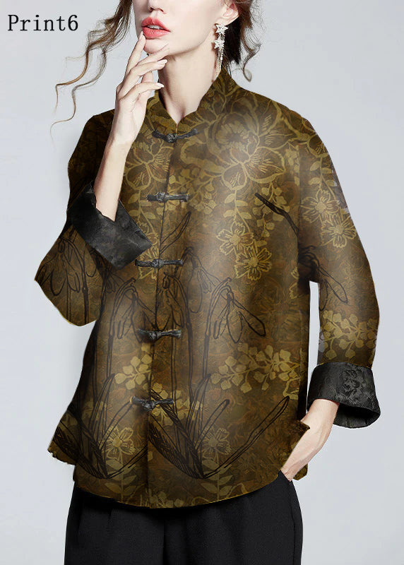 Chinese Style Print3 Stand Collar Button Print Silk Coats Long Sleeve