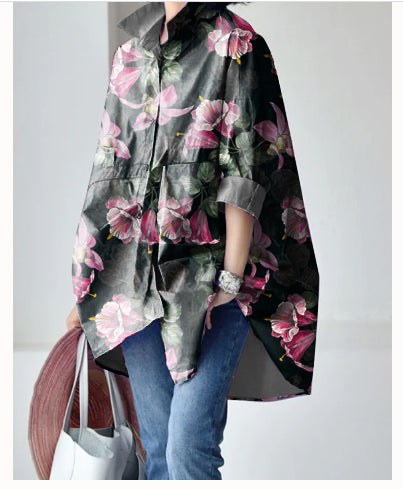 Pink Crane Peter Pan Collar Low High Design Cotton Shirt Long Sleeve - Omychic