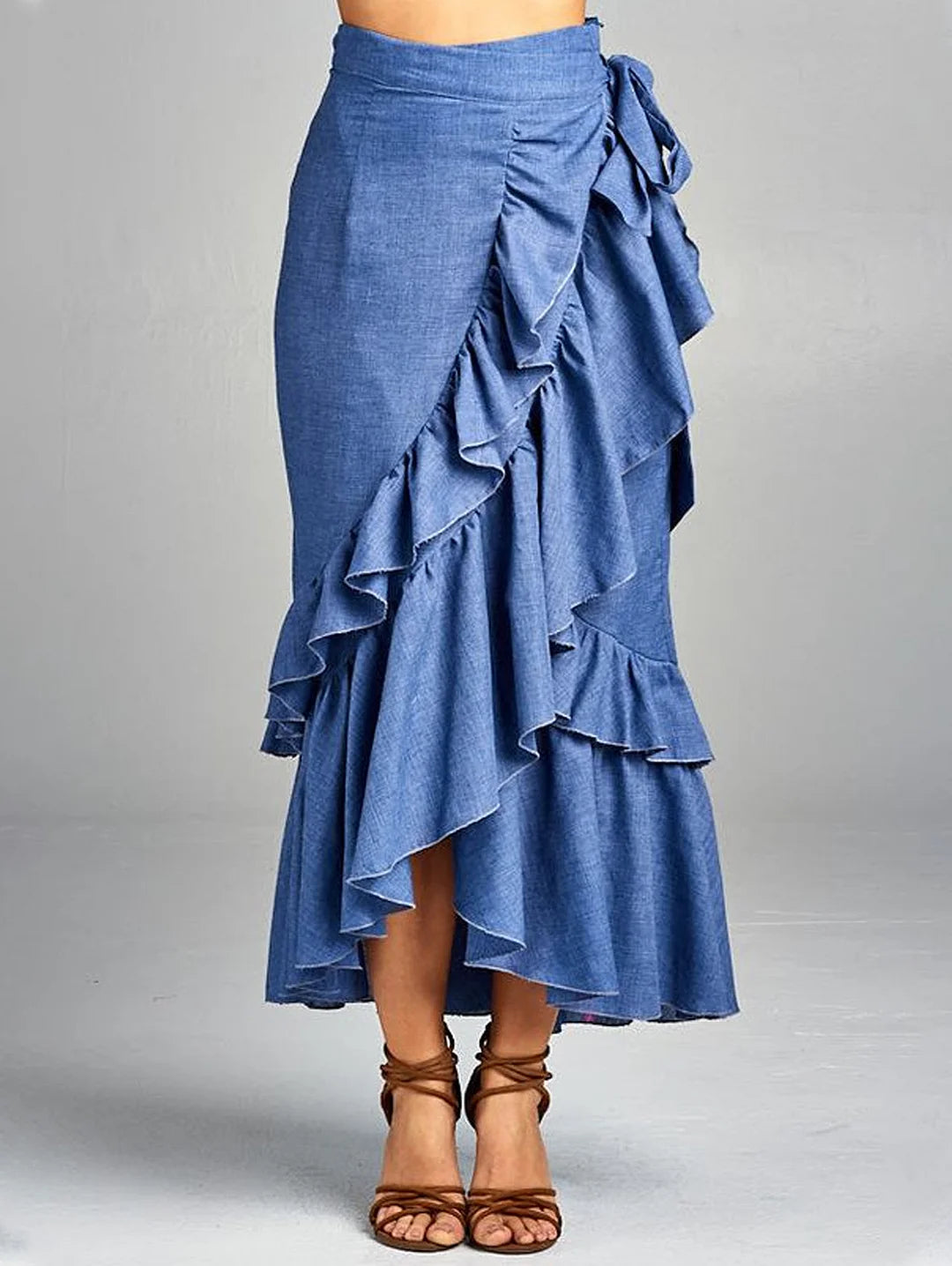 Elegant Plain High Waist Lace-Up Asymmetrical Ruffle Midi Skirt