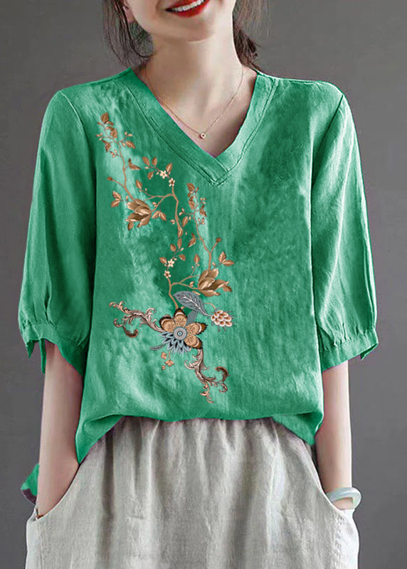 Green flower V Neck Floral Embroidered T Shirt Half Sleeve