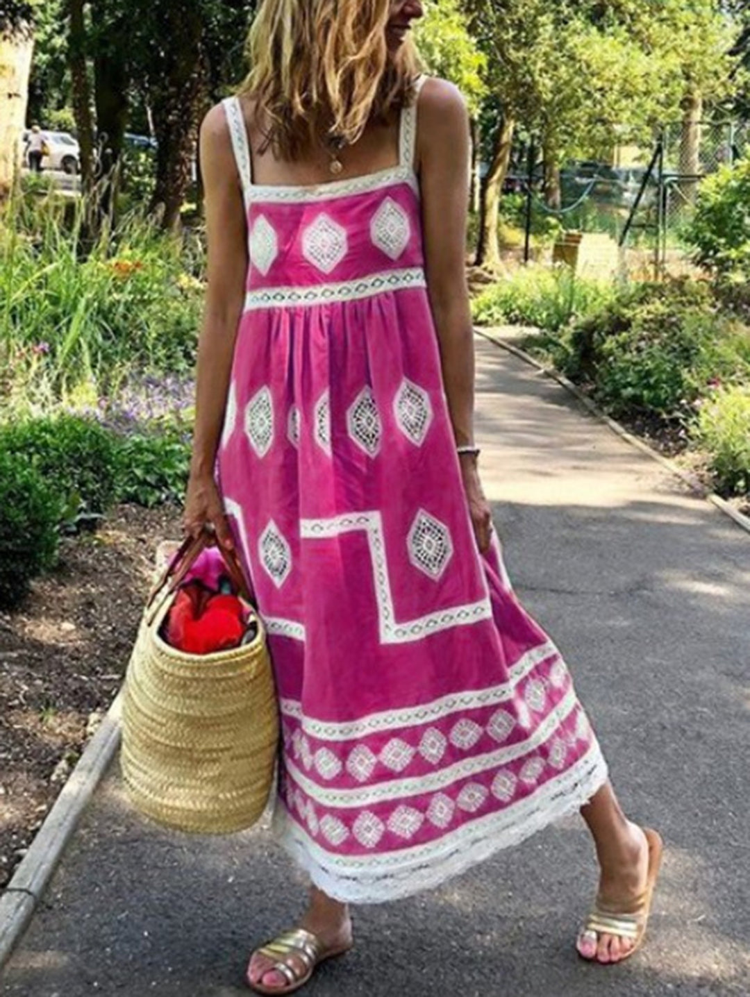 Rose Red Square Neck Boho Print Tank Maxi Dress