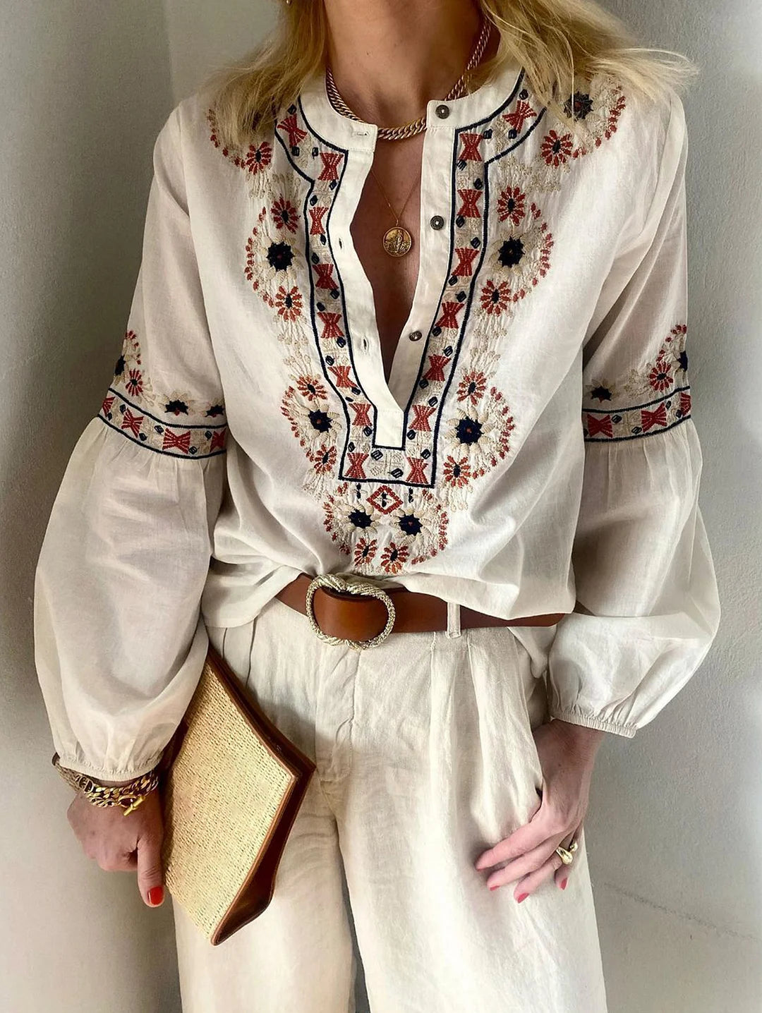 Apricot Crew Neck Buttons Embroidered Blouse Lantern Sleeve