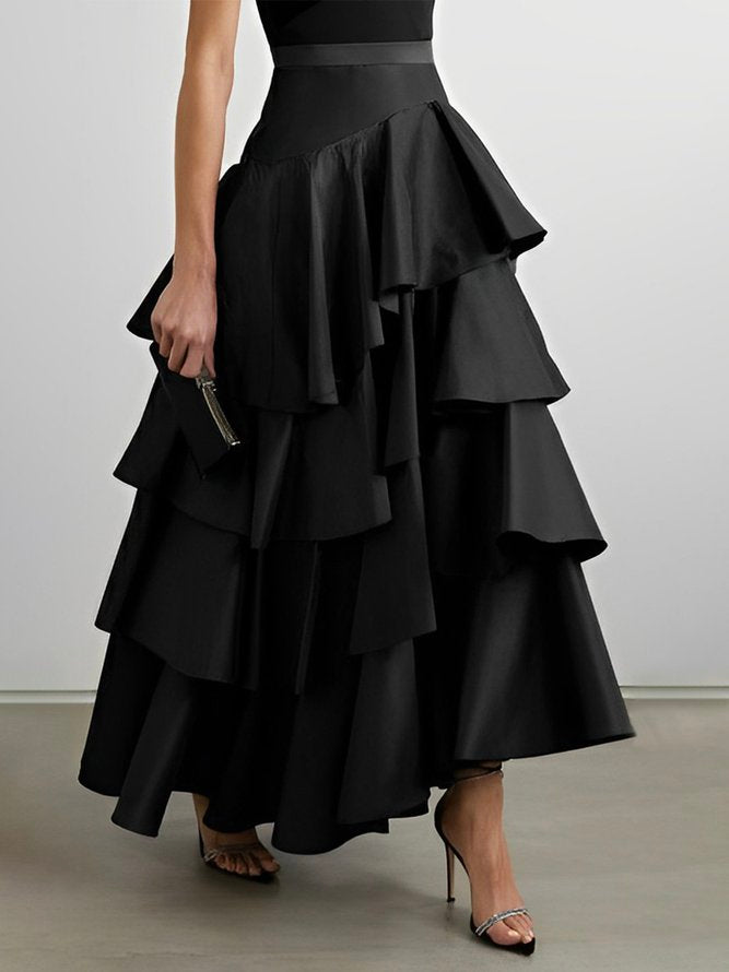 Stylish Selection A-Line High Waist Falbala Solid Color Skirts