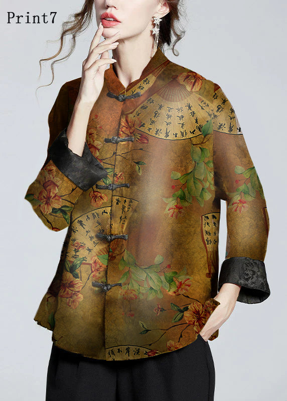 Chinese Style Print7 Stand Collar Button Print Silk Coats Long Sleeve