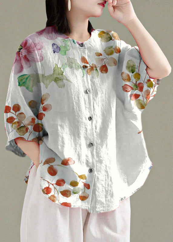 Art white flowers O-Neck Button Linen Loose Shirt Top Lantern Sleeve