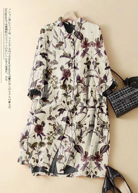 Fashion White Flowers Embroidered Patchwork Linen Shirt Dress Summer