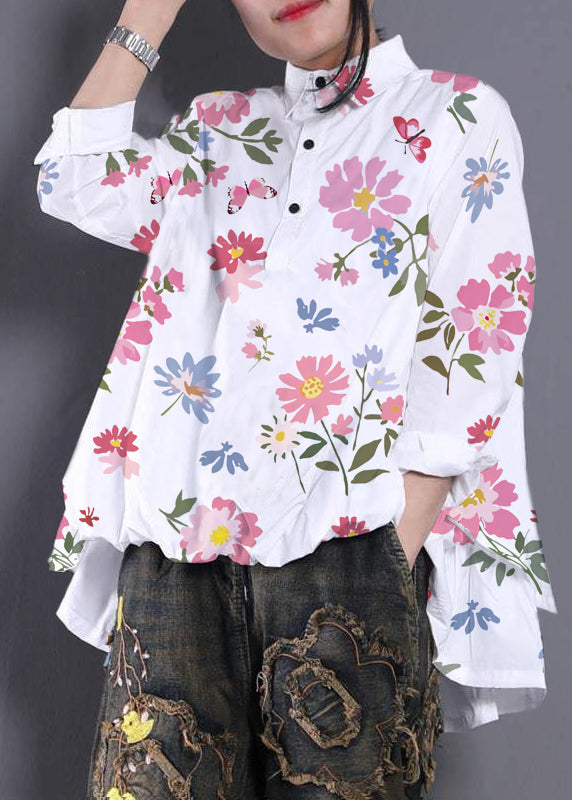 Diy White  flower Blouses For Women Asymmetric Shirt