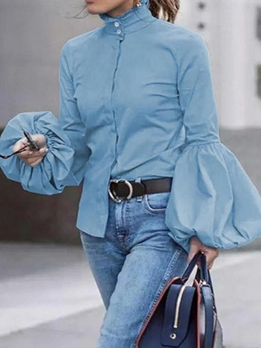 Casual Plain Stand Collar Button Blouse Lantern Sleeve