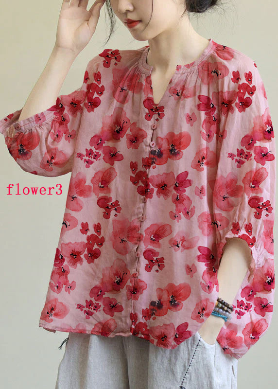 Italian Rose Flower V Neck Button Loose Half Sleeve Blouse Top