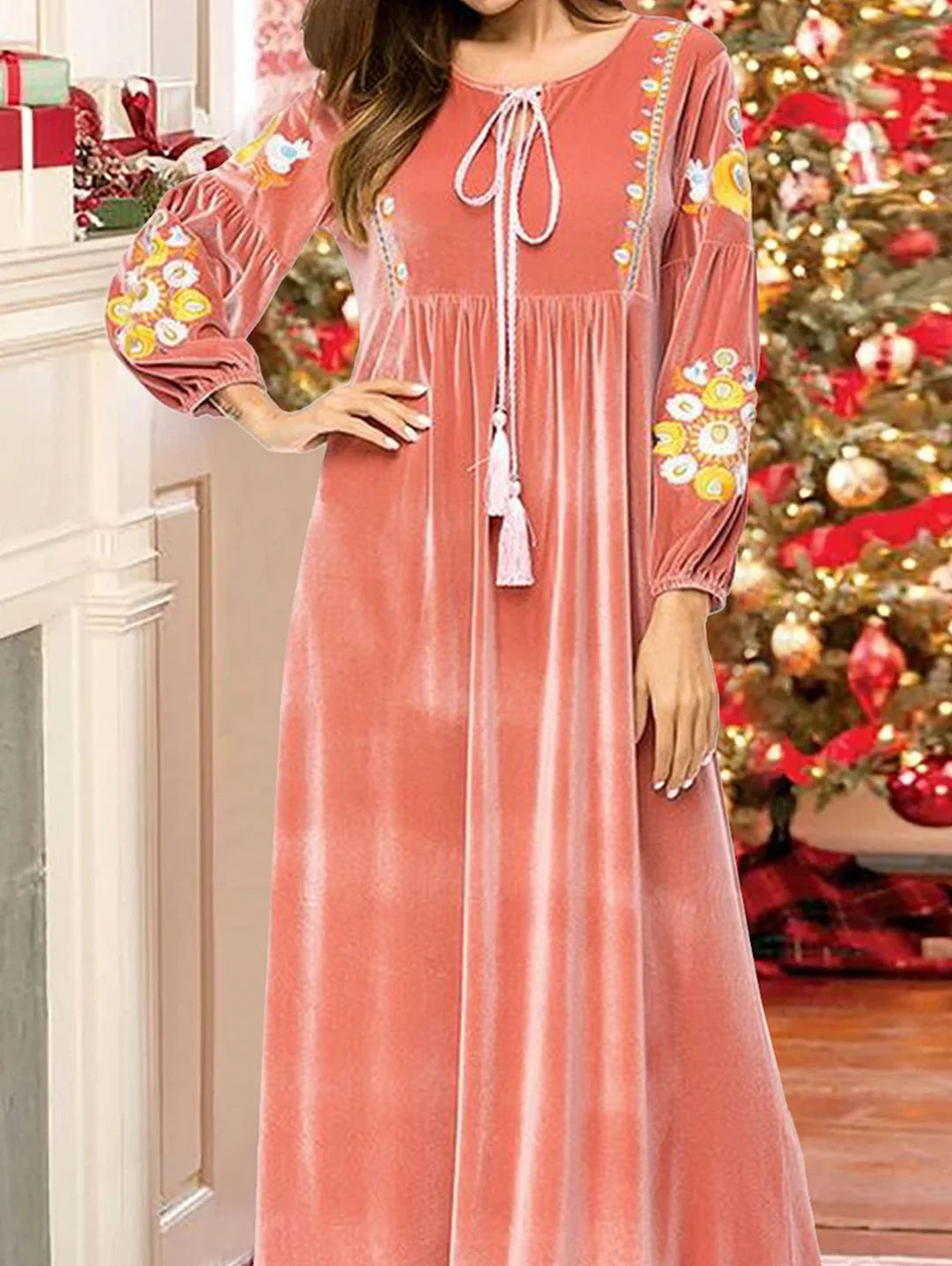 Boho Crew Neck Lace Up Fold Velvet Midi Dress Long Sleeve