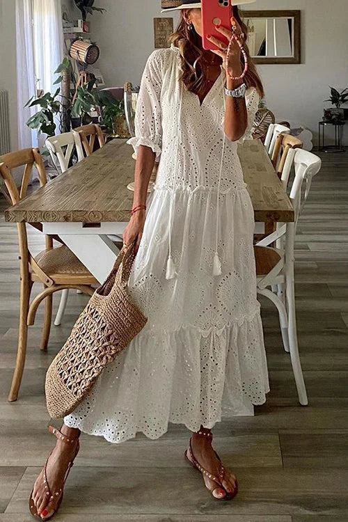 White Eyelet Tassels Tiered Maxi Dress