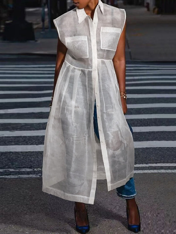 Loose Buttoned Pockets See-Through Split-Joint Transparent Lapel Midi Dresses